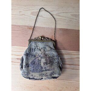 Vintage Chain Handle Tapestry Purse With Ornate Frame & Victorian Scene